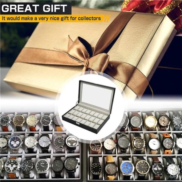 24 Slots Watch Display Case Glass Top, PU Leather Jewelry Case, Removable Pillow - Picture 4 of 6